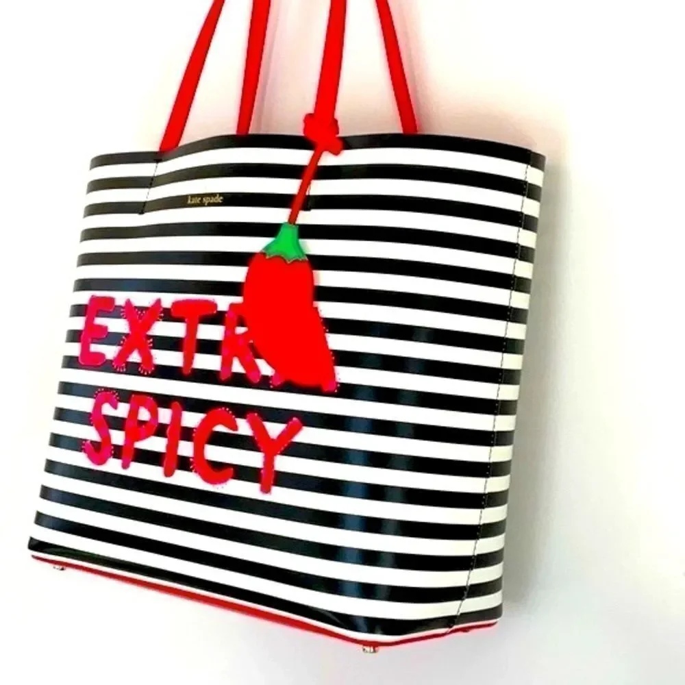 KATE SPADE NWT CHILI PEPPER LEN TOTE SHOULDER BAG EXTRA SPICY RED BLACK STRIPED - Picture 10 of 11